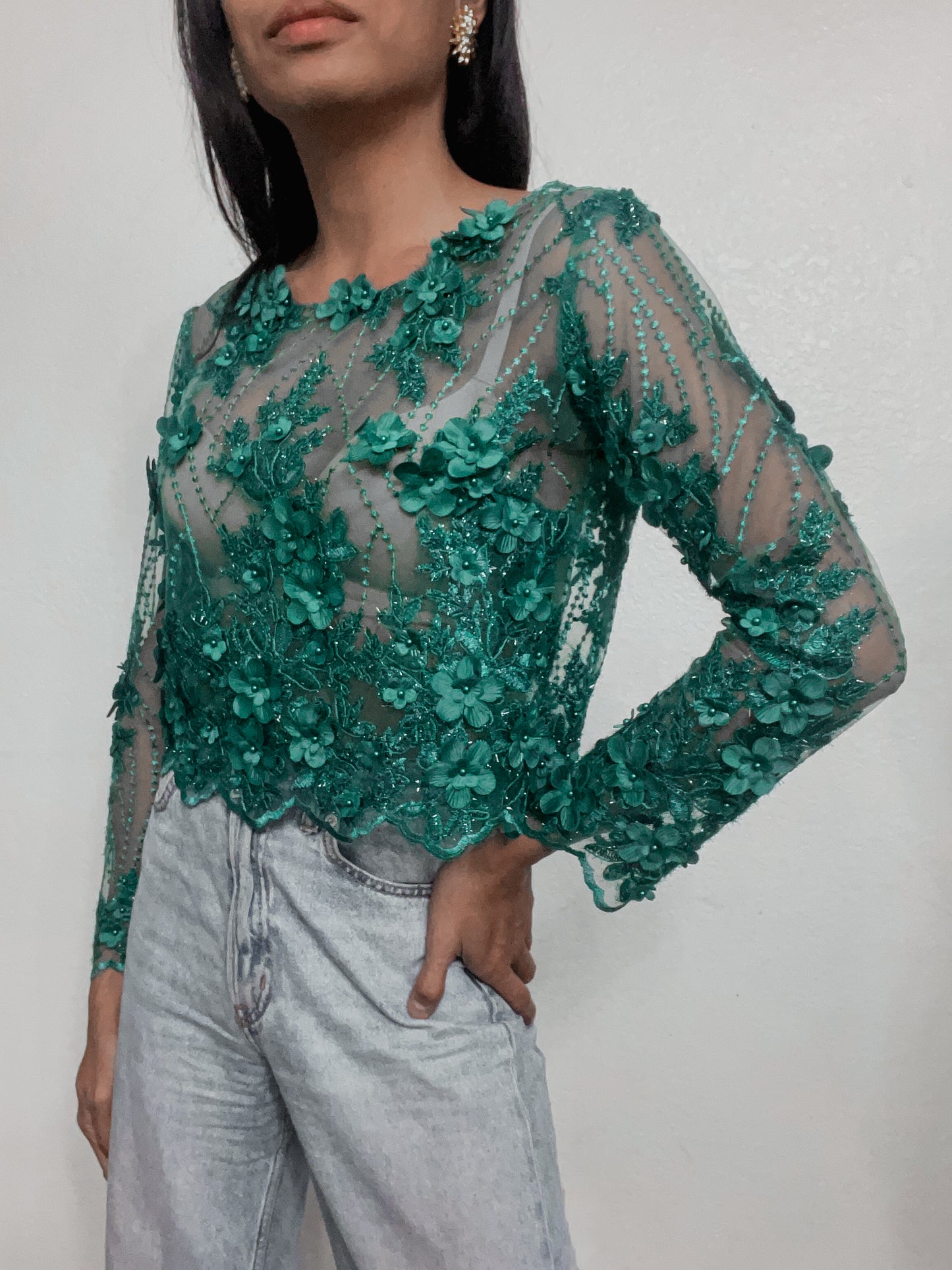 Green Sheer 3D Lace Blouse - Size 8